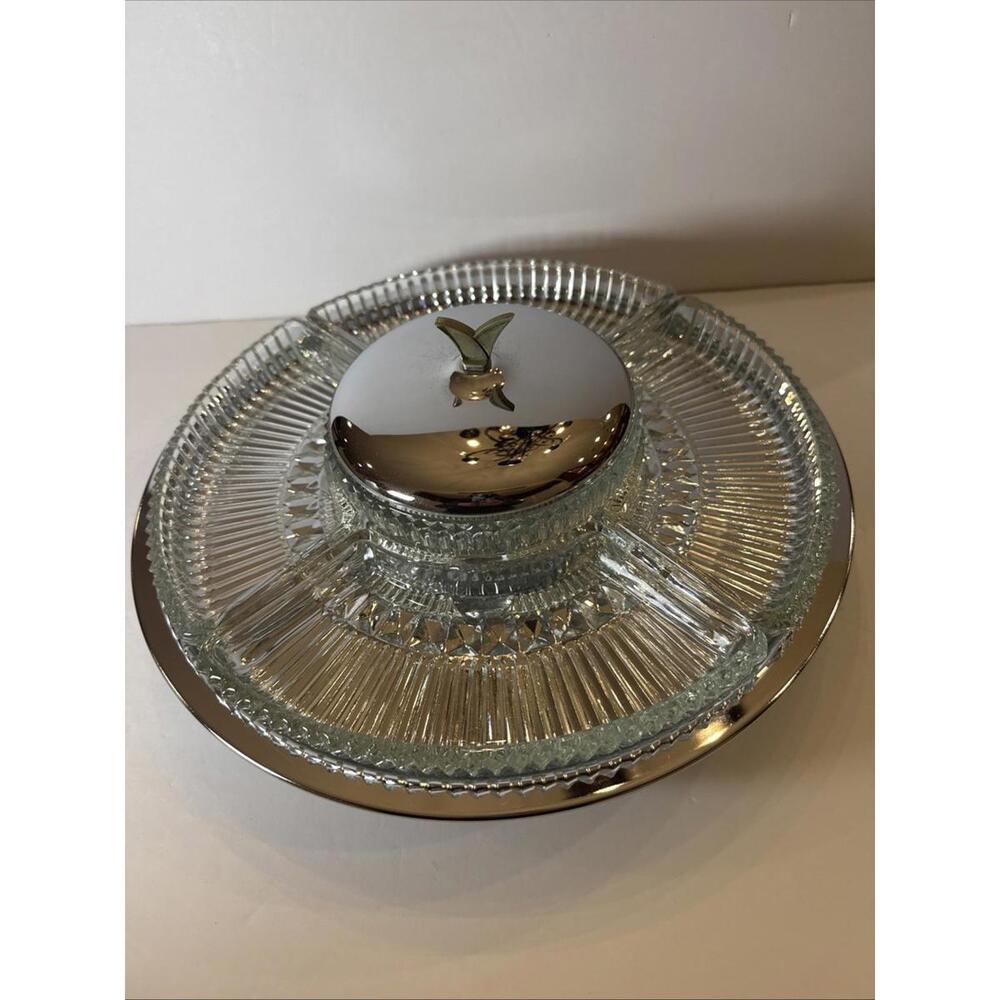 Vintage Kromex Glass Lazy Susan Serving Platter Relish Tray w/ Lid Divided Dish